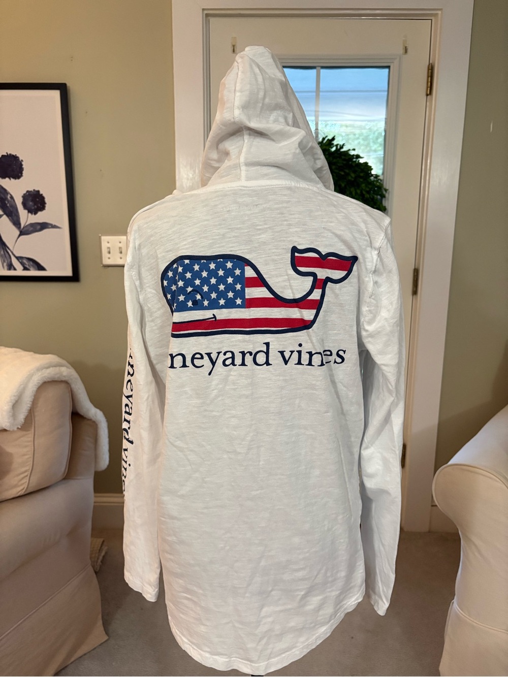 Vineyard Vines White Long-Sleeve Hooded Tee with Flag Whale Patch - Picture 2 of 2